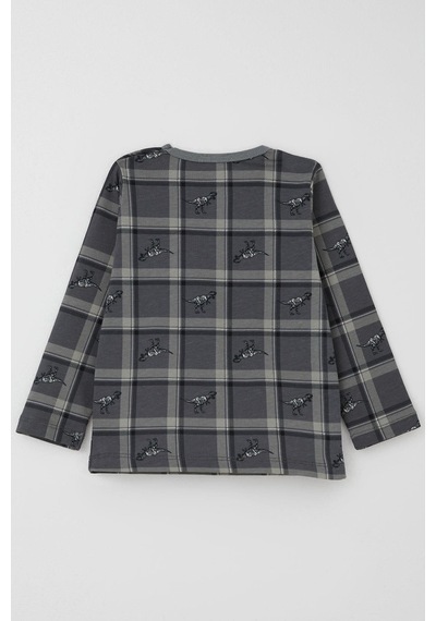Breeze Erkek Bebek Pijama Takımı Dinozor Krallığı Ekose Desenli 9 Ay-3 Yaş, Gri Gri