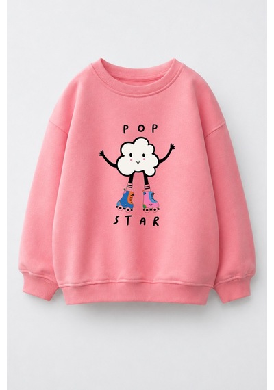 Monila Kız Çocuk 3 İplik Kumaş Pamuklu Popcorn Baskılı Sweatshirt Pembe
