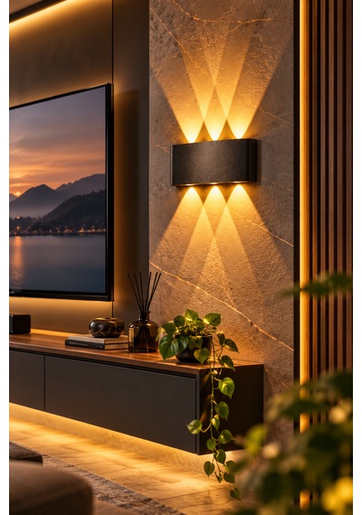 Lunex 15w 8 Işık Efektli Led Duvar Apliği Modern Siyah Amber Aplik Sensörlü
