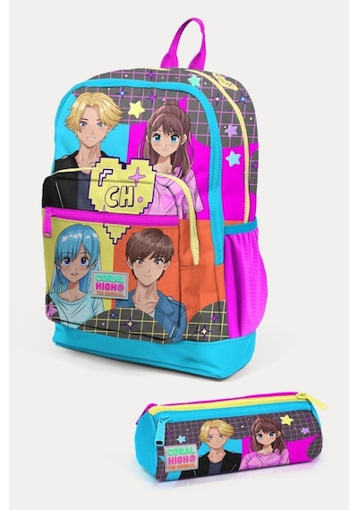 Coral High Kids Gri Mavi Pembe Anime Desenli 2'li Okul Çanta Seti - Kız Çocuk