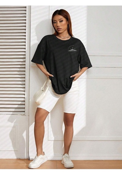 Moon Start T-shirt - Siyah Baskılı Oversize Bisiklet Yaka Kısa Kol SIYAH