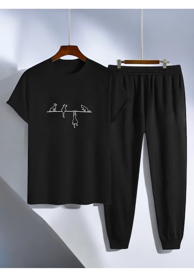 Uyguntarz Unisex Yaramazlık Yapan Kediler Tasarım Basklı Tshirt Eşofman Takımı Siyah