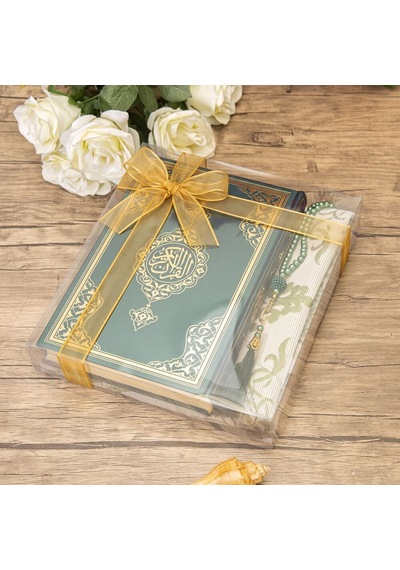 Hediyelik Kuran-ı Kerim, İnci Tesbih, Seccade, Asetat Kutulu 25x18 Cm Mevlid Paketi-yeşil