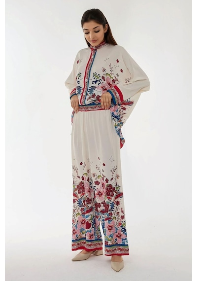 Hiccup Baskıllı Yüksek Bel Kimono Ve Pantolon İkili Modest Takım Beyaz