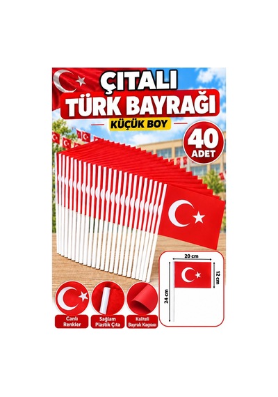 Çıtalı Bayrak Kağıt 20x12 Cm 40 Adet Ay Yıldızlı Türk Bayrağı Çıtalı Sopalı Küçük Bayrak Plastik Çubuklu Bayrak Diğer
