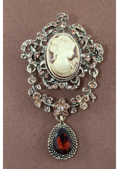 Kameo Vintage Broş, Garnet Kristal Taşlı Sallantılı Eskitme Bronz Renkli Kadın Yaka İğnesi Çok renkli