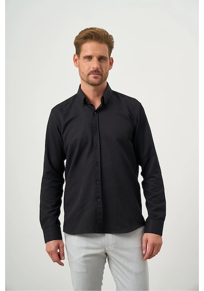 Morven Erkek Siyah Slim Fit Düğmeli Yaka Gömlek Siyah