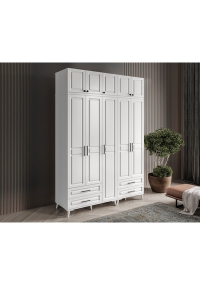 GuneyStore Gözde 5 Kapaklı Yüklüklü Komple MDF Beyaz Gardırop