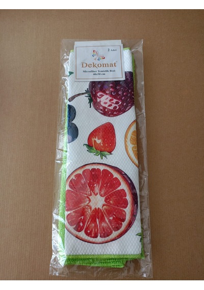 Microfiber Temizlik Bezi 40x50 Cm 2 Adet Çilek Desen Bir Adet Baskılı Bir Adet Naturel Yeşil