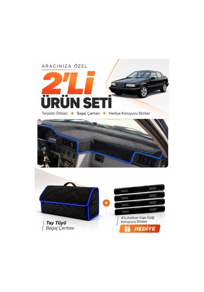 Volvo 850 1991-1997 Uyumlu Torpido Örtüsü + Tay Tüyü Bagaj Çantası + Sticker Seti - Siyah Mavi