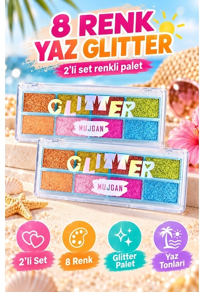 8 Renk Yaz Glitter Far Paleti - 2 Li Set Çok Renkli