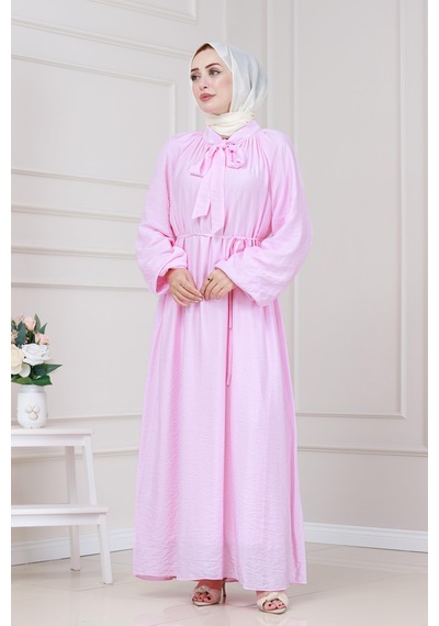 Sevitli Yakası Bağcıklı Lara Elbise-pembe-5327 Pembe