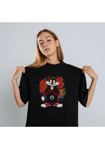 Freedom Store Sylvester Graffiti Baskılı Unisex Siyah Oversize Tişört - 24/1 Penye
