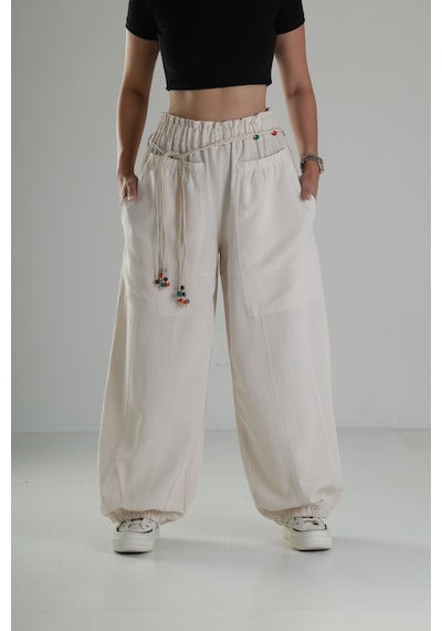 Cocopelli Tasarım Keten Bej Baggy Pantolon Coc1291 Bej