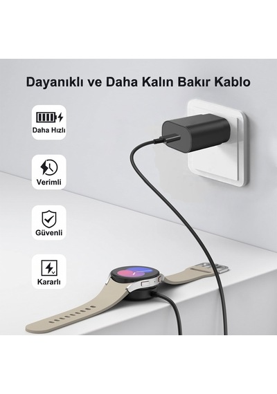 Caseonn Samsung Galaxy Watch 5 40mm Manyetik Type-c Hızlı Şarj Kablosu Siyah