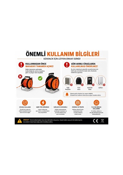 Makaralı Uzatma Kablosu 3x2.5mm- 20m/30m/40m/50m Güçlü Ve Dayanıklı 40 Metre