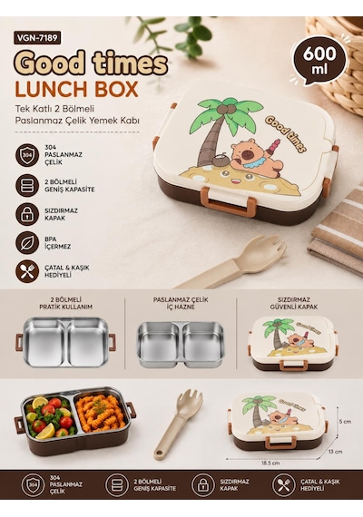 Vagonlife Vgn-7189 Good Times 600 Ml Tek Katlı 2 Bölmeli Paslanmaz Çelik Yemek Kabı Lunch Box Çok Renkli