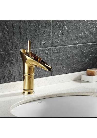 İsaoğlu Yapı Gold Lavabo Musluğu Şelale Batarya Doğal Akışlı Musluk Altın Batarya Gold