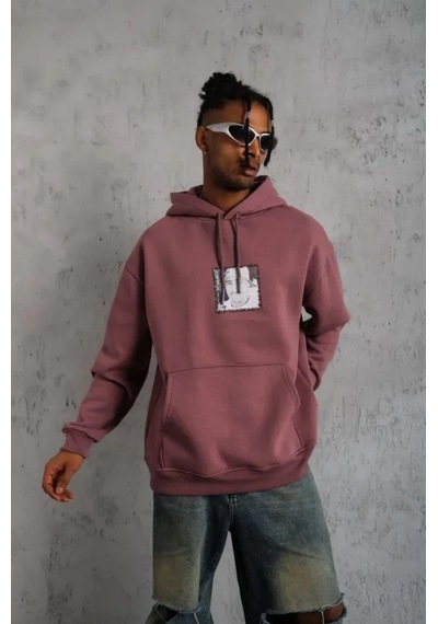 Veraura Lifestyle Erkek Ön Arka Baskılı Kapşonlu Sweat - Gül Kurusu Gülkurusu