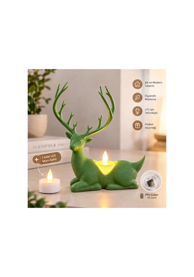 Geyik Biblo Mumluk Led Tealight Mumlu Dekoratif Masa Ve Ev Süsü, 18 Cm - Yeşil Açık 07669224