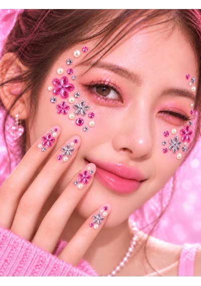 Pembe Gümüş Taş & Çiçek İncili Rhinestone Sticker Yapışkanlı Yüz, Tırnak, Vücut Ve Süs Taşı Çok Renkli