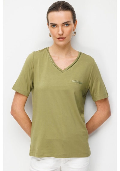 Desen Triko Kadın V Yaka Cebi Saten Şeritli Penye T-shirt 26828 Yeşil Yeşil