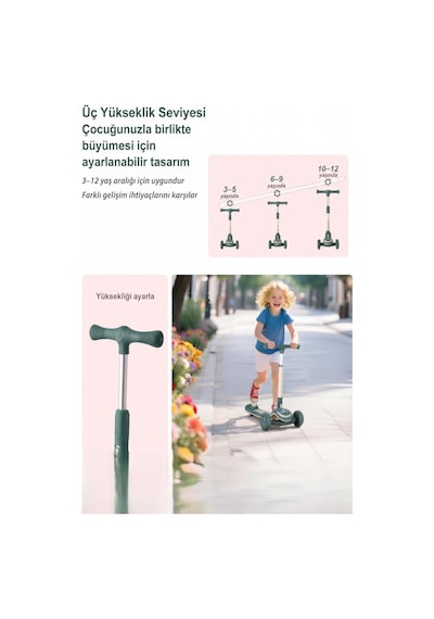 3 Tekerlekli Led Işıklı Müzikli Katlanabilir Boyu Ayarlanabilir 3 Yükseklik Ayarlı Çocuk Scooter'ı Yeşil