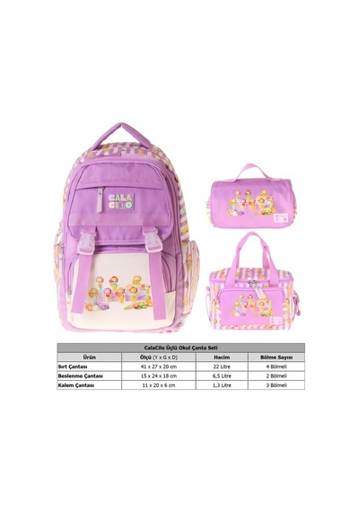 Calacilo Flowers Baskılı Lila Kız Çocuk Üçlü İlkokul Okul Çantası Seti - Setcc-c4071a