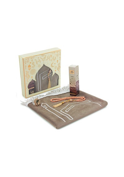 Kabe İşlemeli Lüks Kadife Seccade, Zikirmatik, İnci Tesbih, Parfüm 150 Ml - Kutulu Seti - Krem