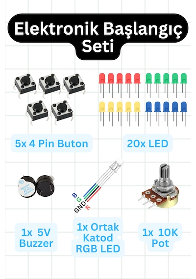 Elektronik Başlangıç Seti Buton, Led, Buzzer, Potansiyometre Ve