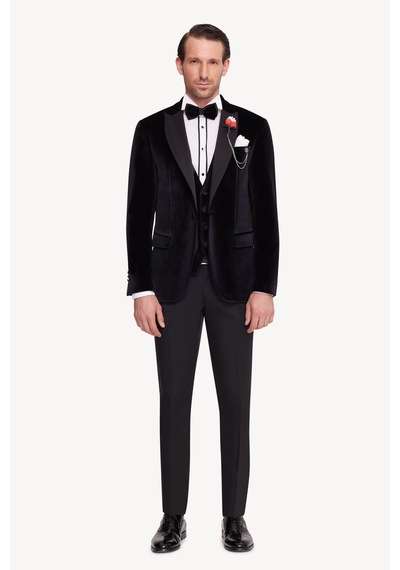 Ysf Erkek Siyah Slim Fit Sivri Yaka Kadife Damatlık