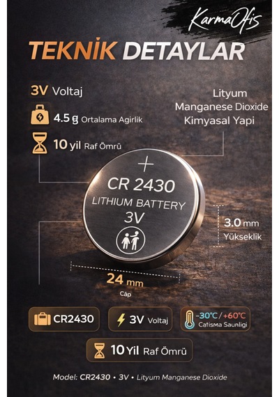 Cr2430 3v Lityum Düğme Pil 2 Li Paket Araç Kumandası, Sensör, Tartı Ve Elektronik Cihaz Pili