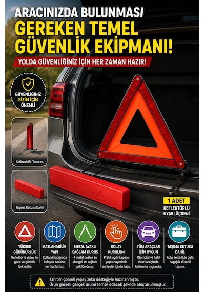 1 Adet Katlanabilir Üçgen Acil Durum Reflektörü Metal Ayaklı Taşıma Kutulu Araç Uyarı Üçgeni Kırmızı