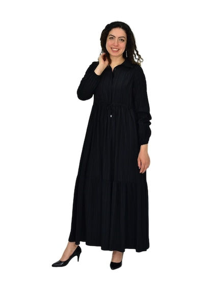 Wearon Kadın Uzun Kol Lastikli Kabartma Çizgili Elbise Bgl-st04676 siyah