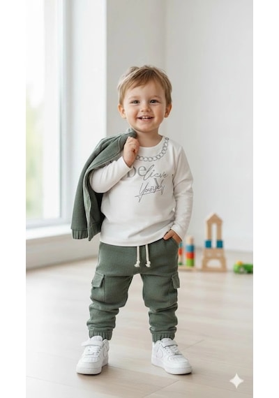 Bontino Erkek Çocuk Sweatshirt, Hırka Ve Pantolonlu %100 Pamuk 3'lü Spor Takım Haki