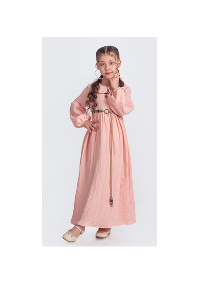 Mnk Baby & Kids Müslin Kumaş Kız Çocuk Uzun Kol Tesettür Elbise M00705 Somon