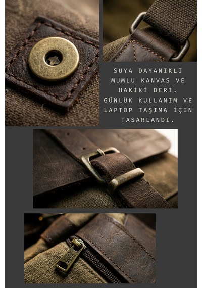 Dark Cotton 7503 Hakiki Deri Kapaklı Suya Dayanıklı Mumlu Kanvas 15 Laptop, Okul, Evrak Seyahat Çantası Kahverengi