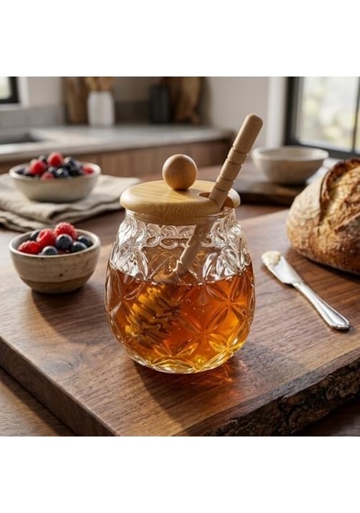 Bambu Kapaklı Cam Bal Kavanozu 350ml Kaşıklı & Şık Sunum Kavanozu Doğal Ahşap Kapaklı Cam Bal Saklama Kabı 7009