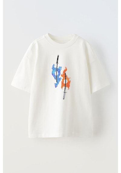 Thewert Unisex Mavi Ve Turuncu Samuray Kılılcı Tasarım Baskılı Pamuk Beyaz Oversize T-shirt