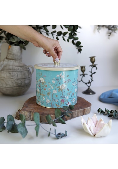 Botanica Blue Desenli Topuz Kulplu Yuvarlak Metal Saklama Kabı 17.5 x 15.5 CM 3.5 L Çok Renkli
