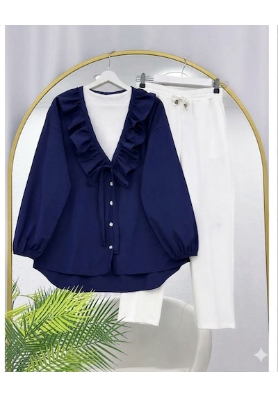 Lovie Moda Yakası Fırfır Detaylı Düğmeli Pantolonlu Takım Lacivert