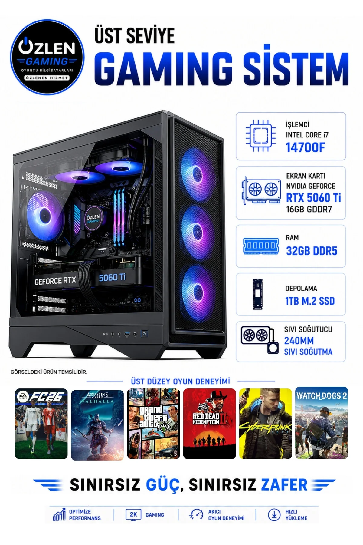 Özlen XL5 OZLN-INTEL14-5060Tİ-32-1000 i7-14700F 16 GB 32 GB 1 TB SSD RTX 5060Tİ W11P Masaüstü Oyuncu Bilgisayarı