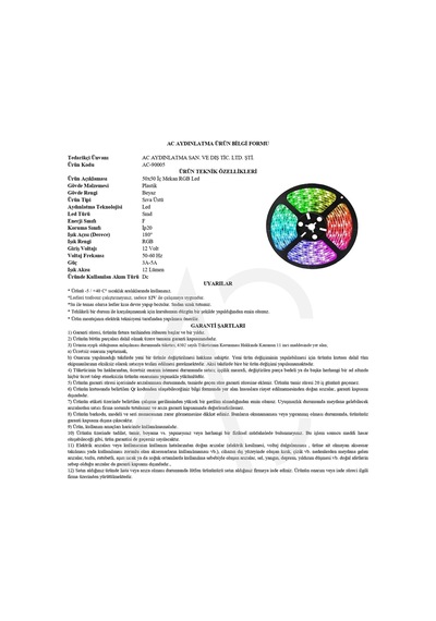 İç Mekan 3 Çip Şerit Led Rgb 5mt