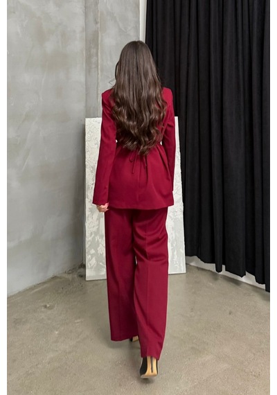 Msm Fashion Kadın İkili Blazer Ceket Pantolon Takım Aksesuar Ve Düğme Detaylı Bol Paça Bordo Msm Fashion Kadın İkili Blazer Ceket Pantolon Takım Aksesuar Ve Düğme Detaylı Bol Paça Bordo