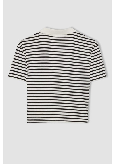 Defacto Fitted Çizgili Polo Yaka Kısa Kollu Tişört A0380AX23SM Beyaz