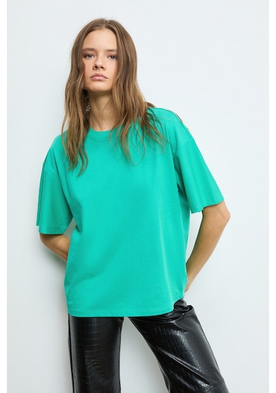 Grimelange LAGERTHA Kadın %100 organik Pamuklu Kalın Dokulu Oversize Fit Yuvarlak Yakalı Yeşil T-Shirt