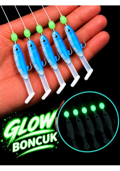 Ea Genset Mavi Silikon Balıklı Çapari 5 Cm 2 Adet Silikon At Çek Takımı Fosforlu Glow Boncuklu