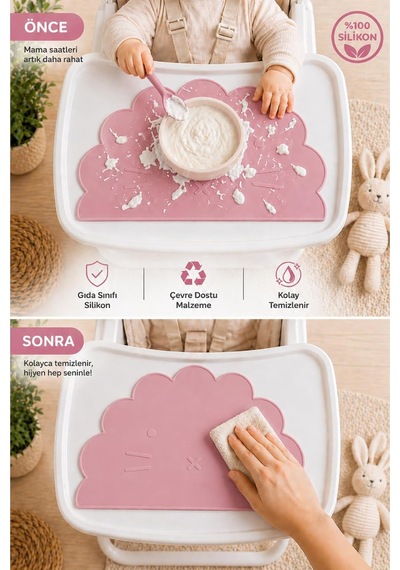 %100 Silikon Bebek Beslenme Matı Kolay Temizlenebilir Mama Altlığı Pembe