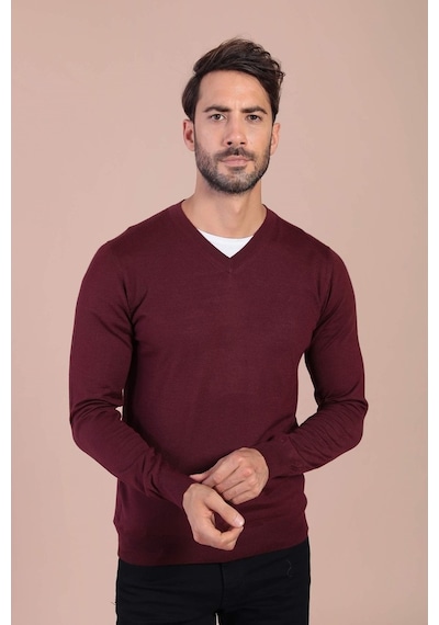 Ferraro V Yaka Superfine Yün Kazak - Bordo Bordo