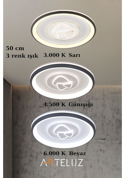 Üçgen Model Modern Plafonyer Avize 50 Cm, 3 Renk Işık Siyah